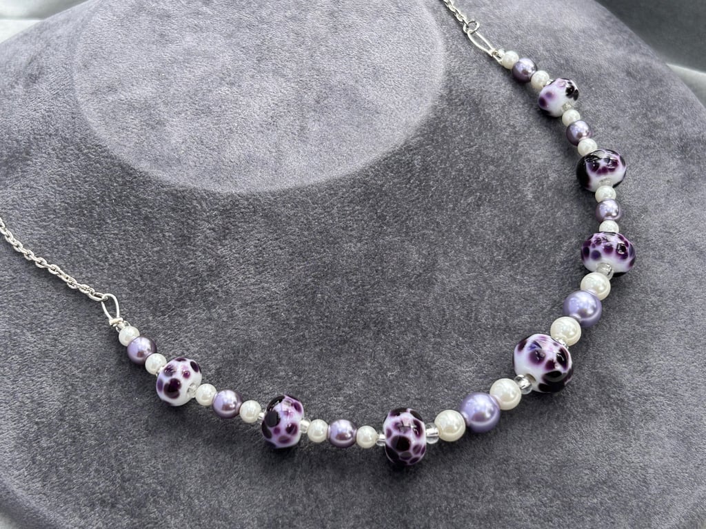 violet purple and white spotted lampwork glass beaded necklace