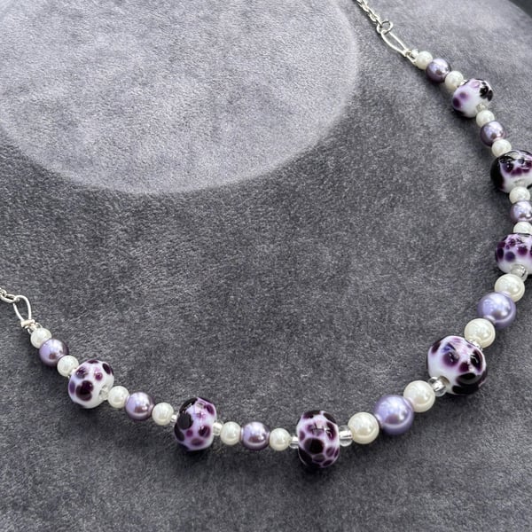 violet purple and white spotted lampwork glass beaded necklace