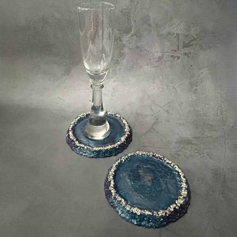 Blue and Silver Resin Geode Coasters – Drusy Edge Set