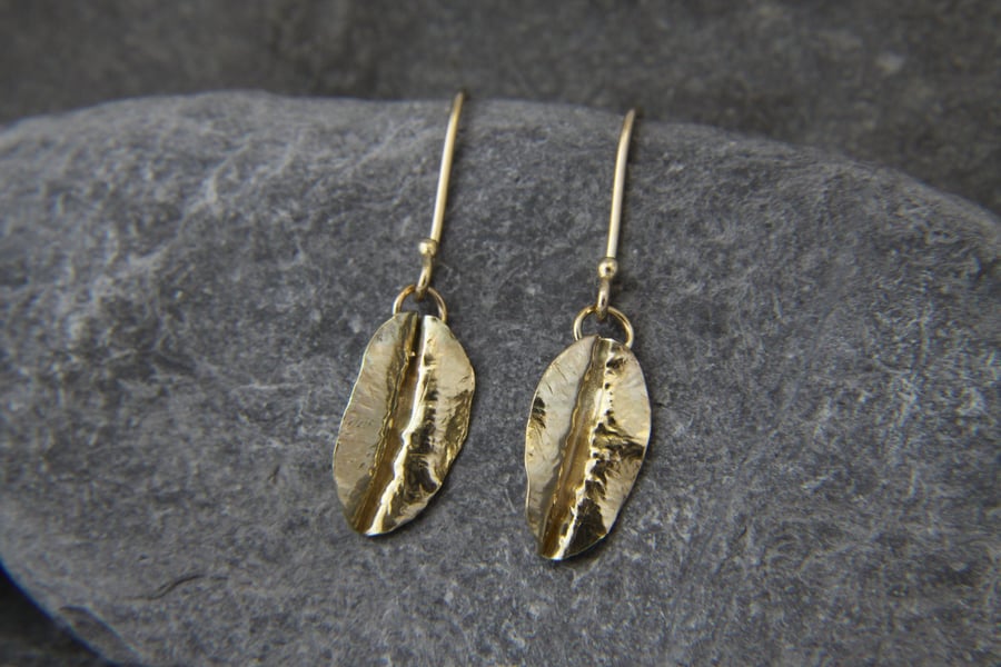 9ct Gold Fold Formed Leaf Drop Dangle Earrings 