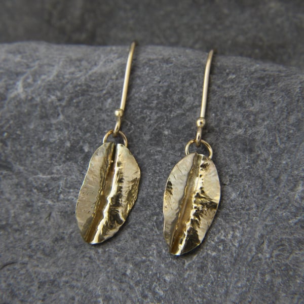 9ct Gold Fold Formed Leaf Drop Dangle Earrings 