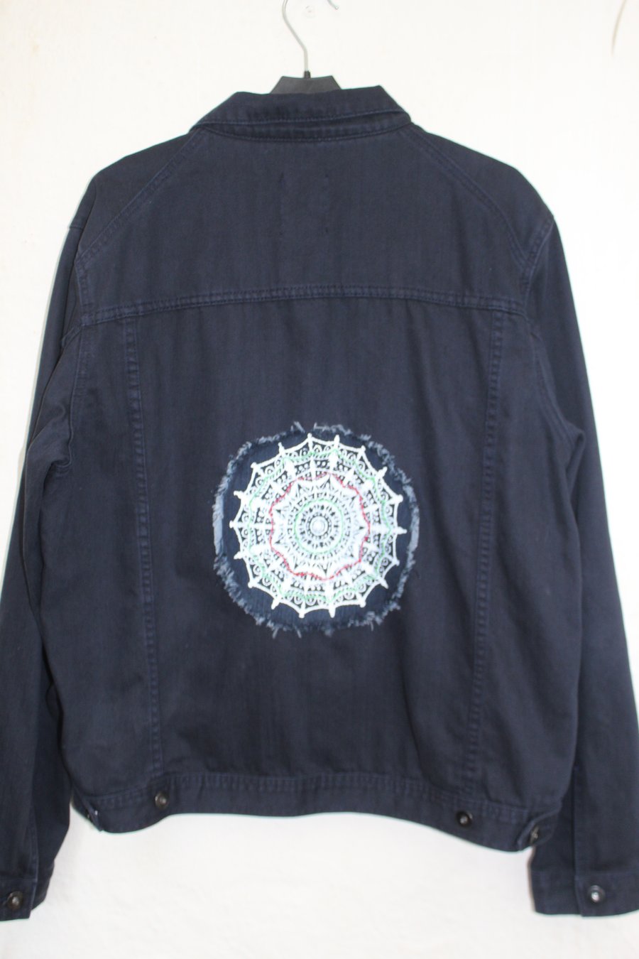 Unisex denim jacket,embroidered mandala screen print,Eco reworked button jacket