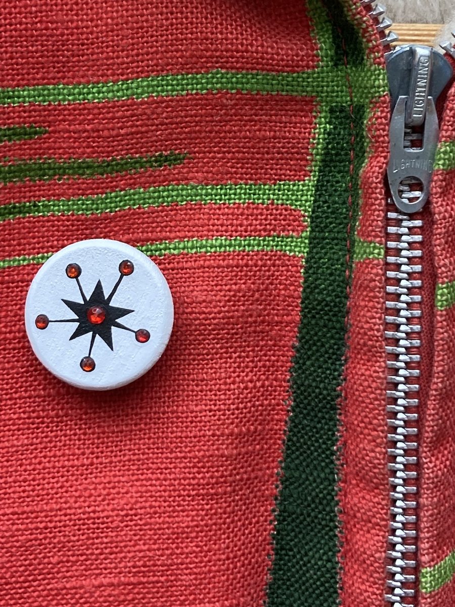 Hand painted Enid Collins of Texas Black and Red Atomic Star Brooch 