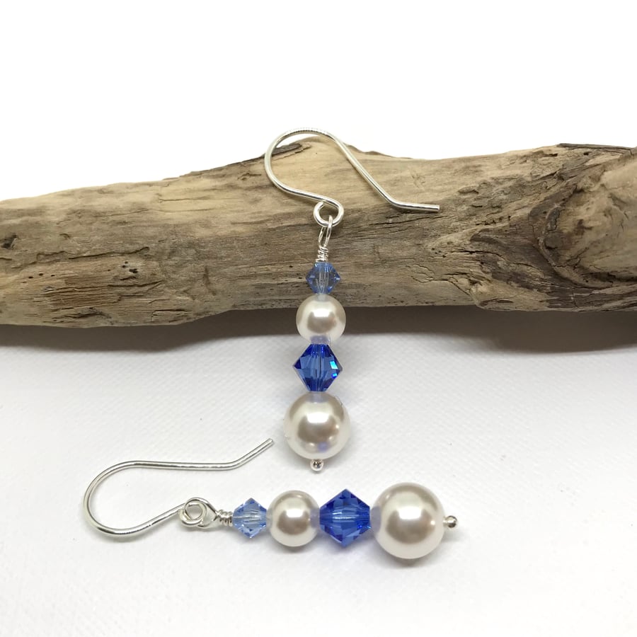 Sterling Silver,  Pearl & Crystal Earrings, Sapphire Blue, Swarovski® Crystals