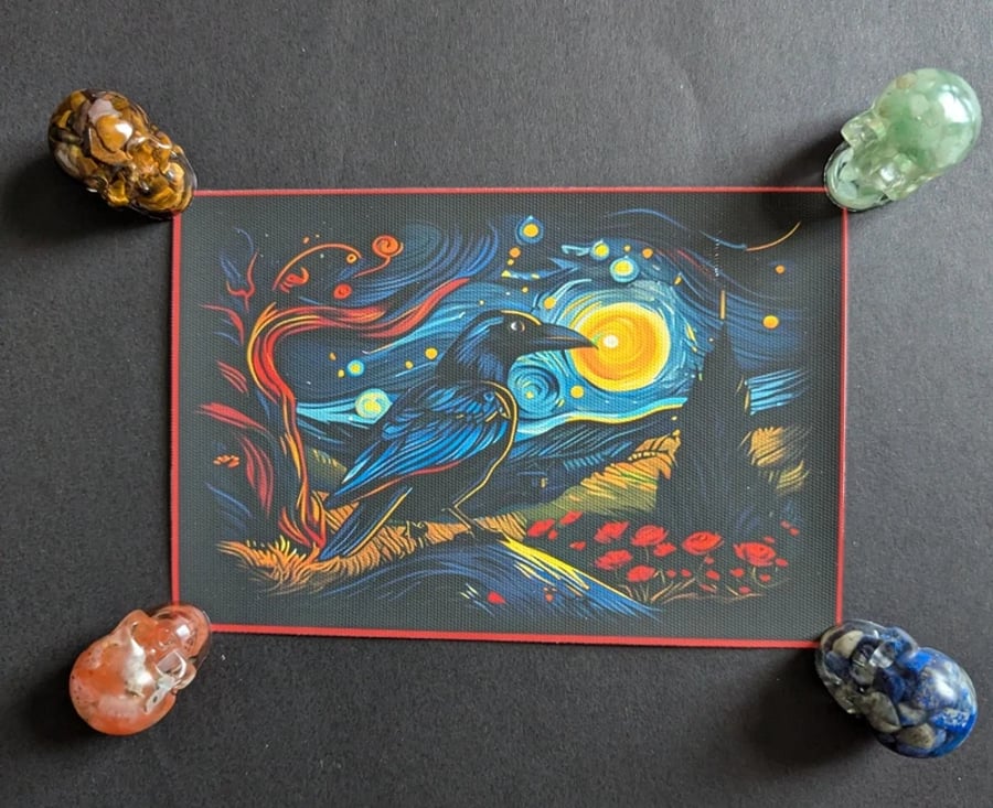 Whimsical Crow Canvas Print – Starry Night Style Gothic Wall Art – 10.2 x 15.3cm