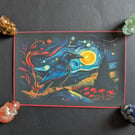 Whimsical Crow Canvas Print – Starry Night Style Gothic Wall Art – 10.2 x 15.3cm