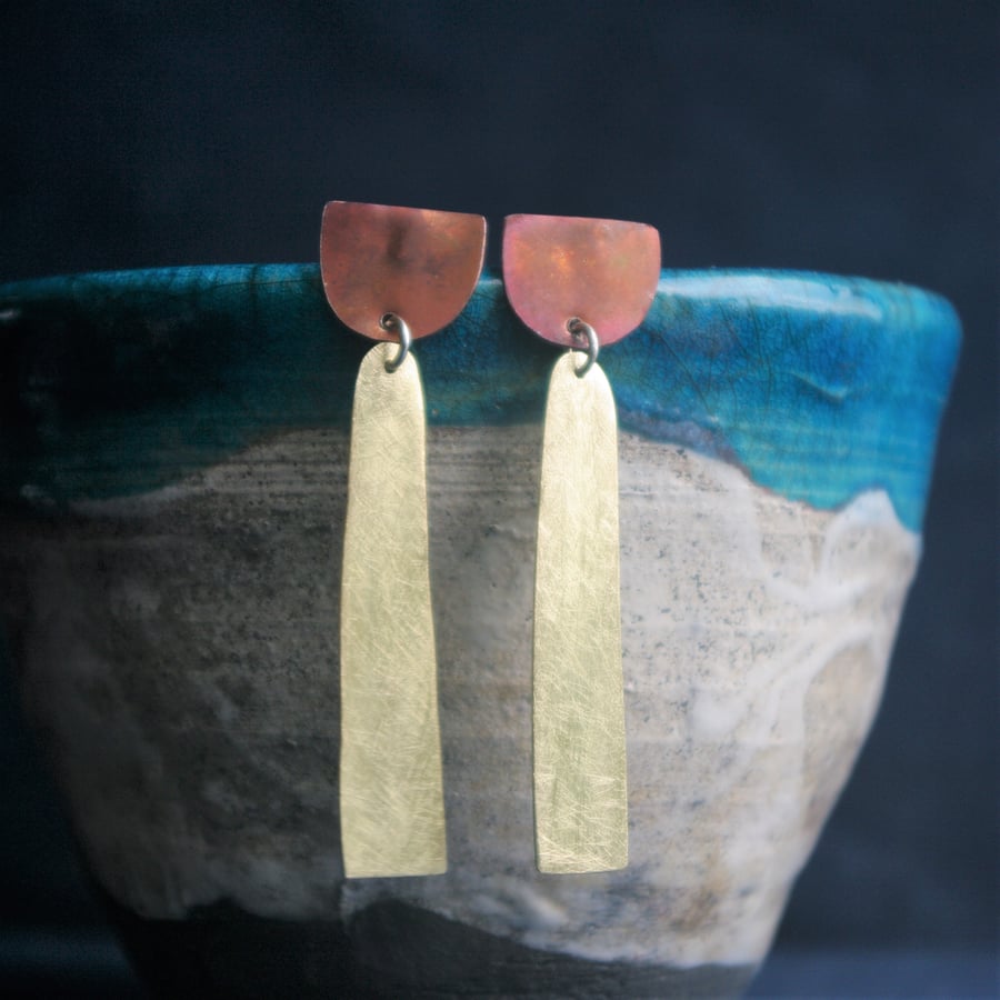 Long Dangle Brass and Copper Geometric Earrings 