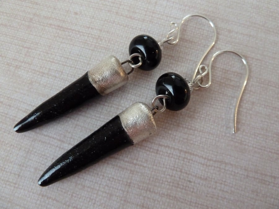 sterling silver, black and silver lampwork and ceramic earrings