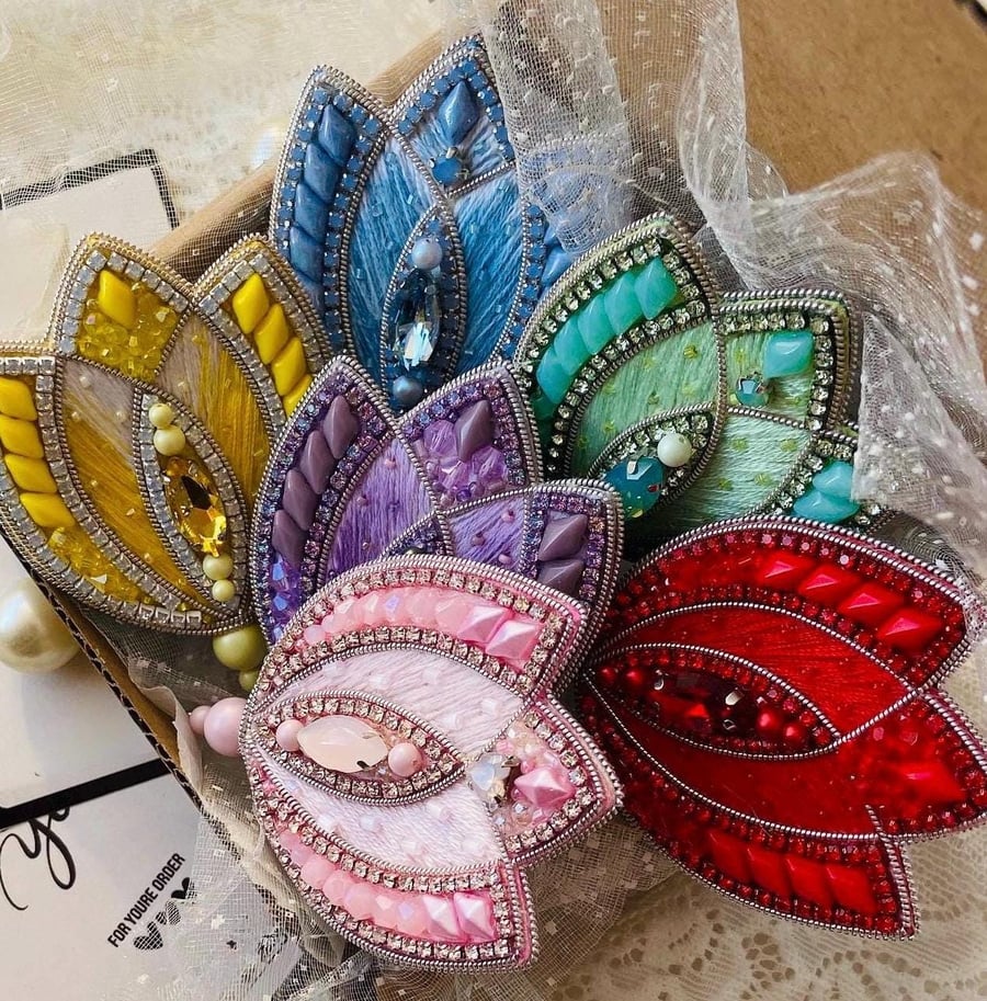 Handmade Beaded Tulip Brooch, Floral Statement Pin, Colourful Crystal Jewelry, S