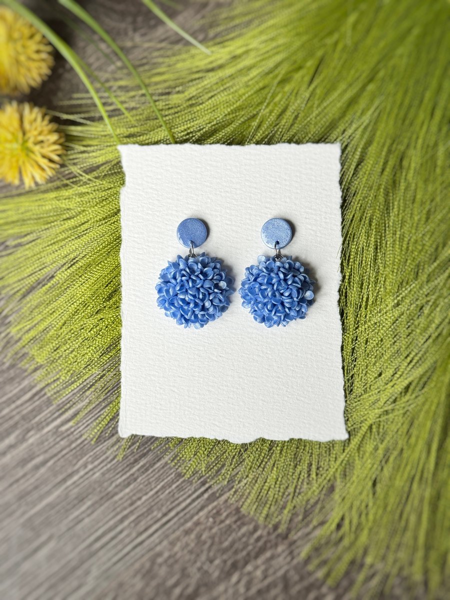 Light Blue Hydrangea Flower Polymer Clay Earrings 
