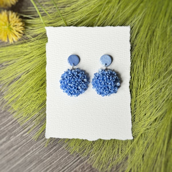Light Blue Hydrangea Flower Polymer Clay Earrings 