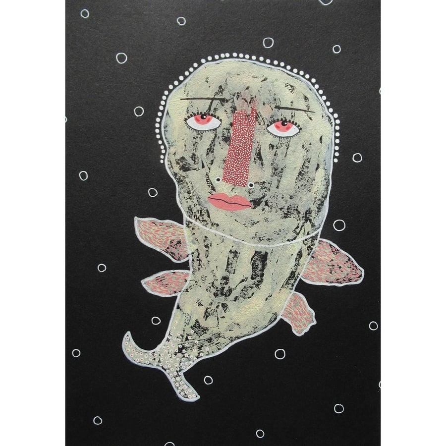 Fish Painting Drawing Illustration Weird Whimsical Sea Creature Artwork A4 Sized