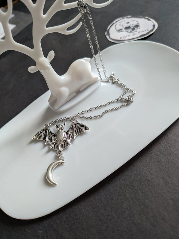 Bat Necklace with Moon Charm