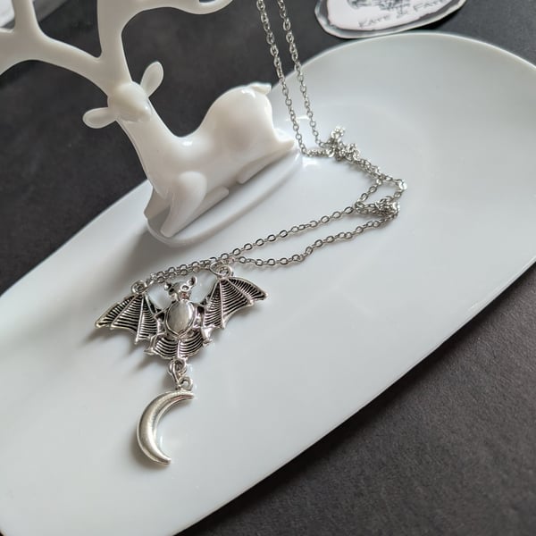 Bat Necklace with Moon Charm