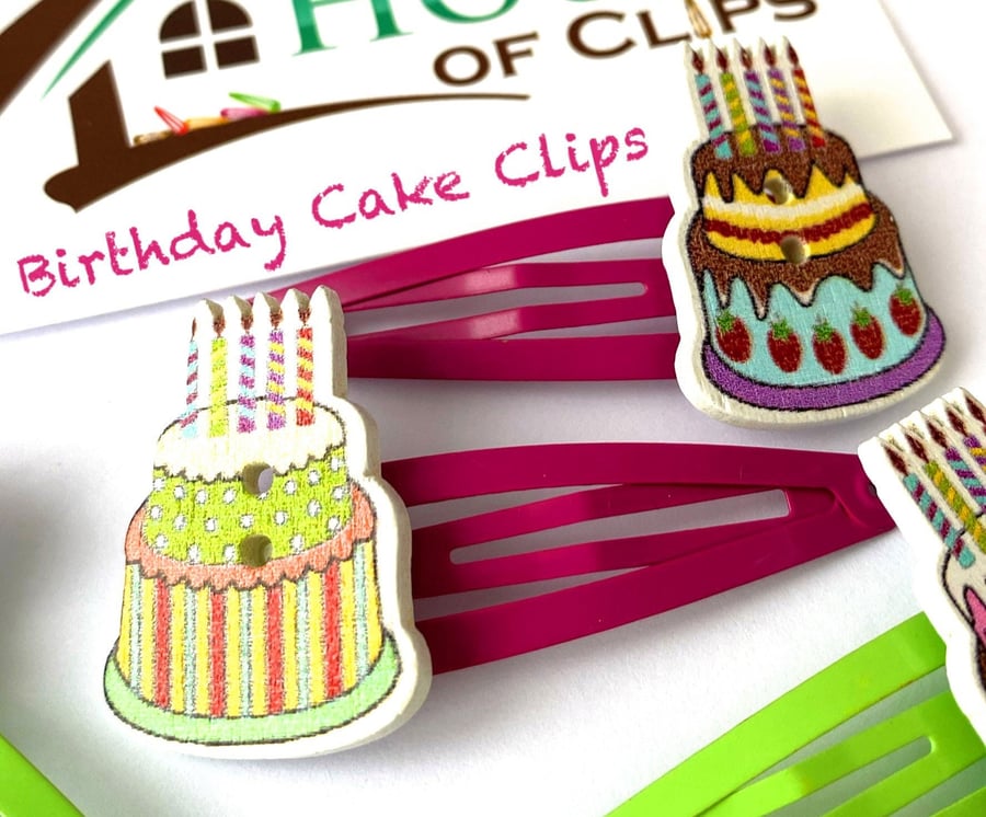 Birthday Cake Button Clips - Wooden Hair Clips - Birthday Hair Clips - Cake Hair
