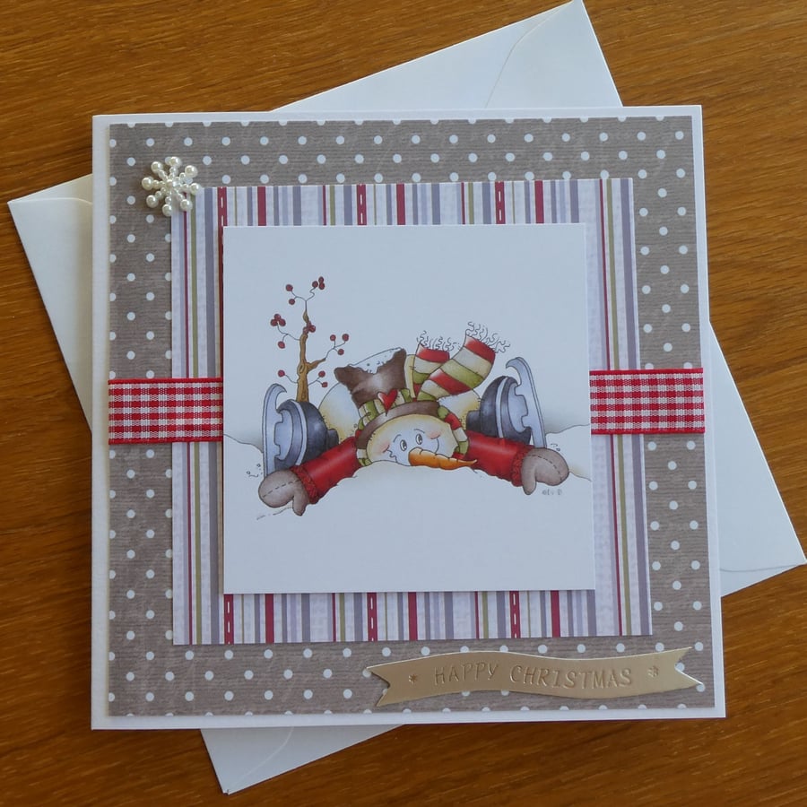 Christmas Card - Skating Snowman - Happy Christmas - Fawn