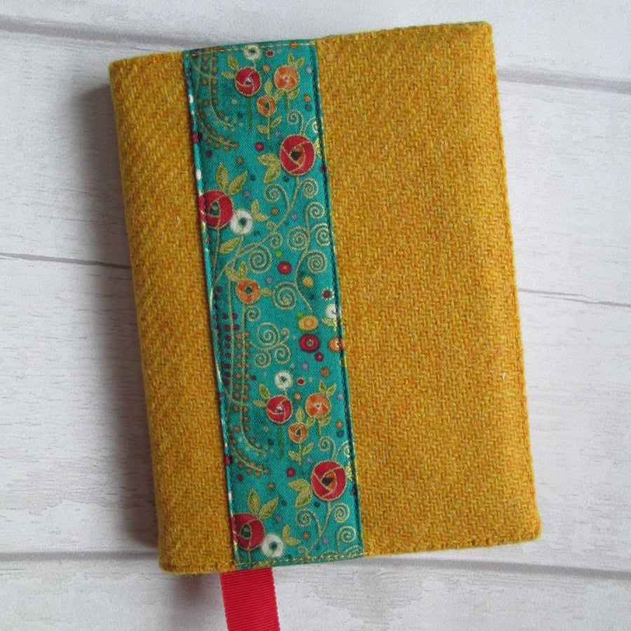 SOLD -A6 'Harris Tweed' Reusable Notebook, Diary Cover - Yellow with Floral Band