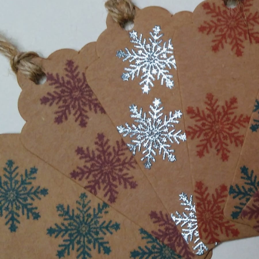 Set of 6 Christmas Tags, Snowflakes print, Hand Printed, Gift tags, Winter Scene