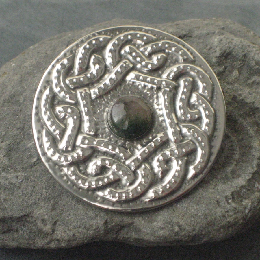 REDUCED! Celtic Pewter Brooch with Moss Agate