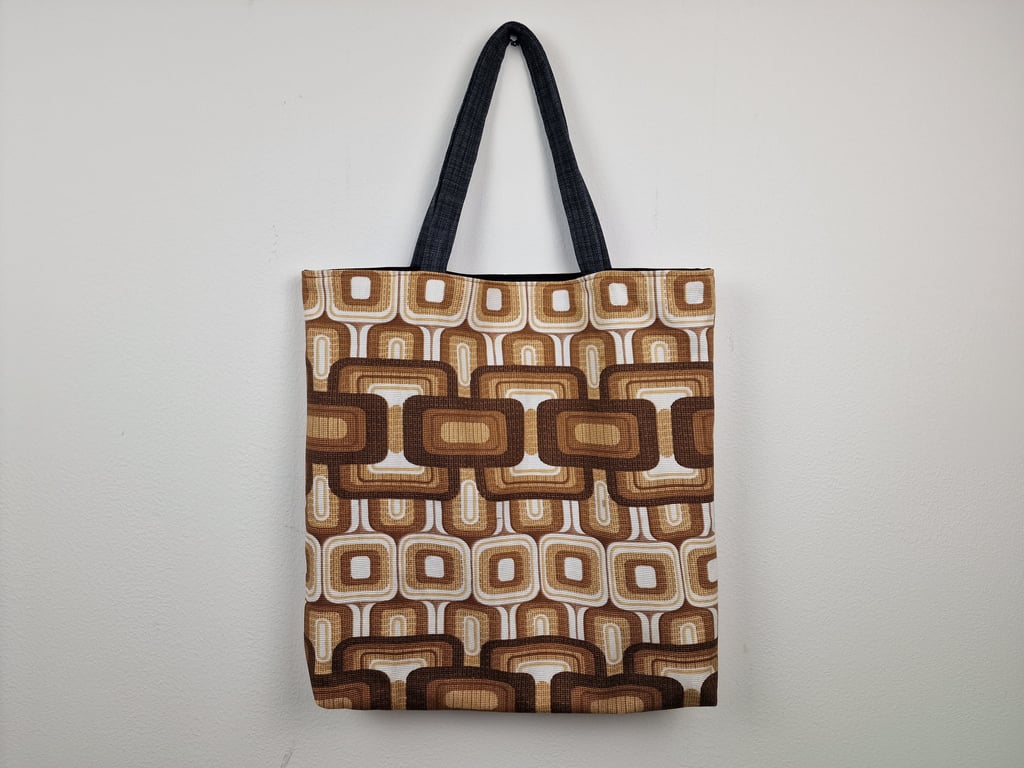 Vintage 1960s 1970s geometric print fabric shoulder tote bag