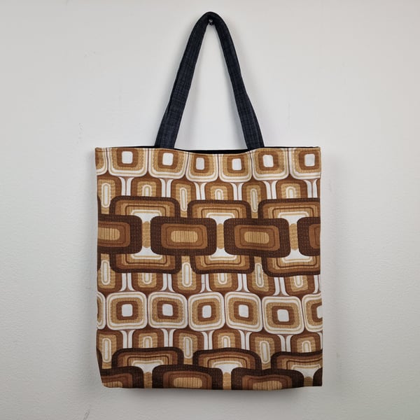Vintage 1960s 1970s geometric print fabric shoulder tote bag