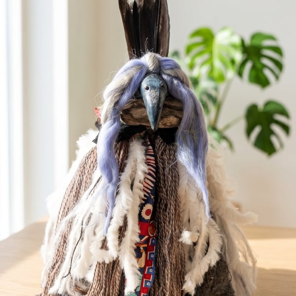 Handmade Raven Spirit Doll – Mystical Fiber Art Totem – Boho Tribal Guardian – W