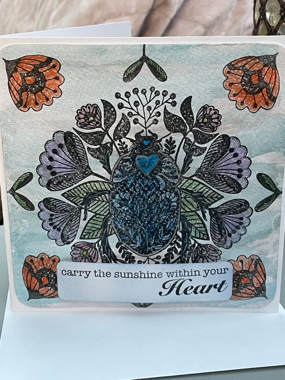 Carry the sunshine within your heart iridescent beetle card