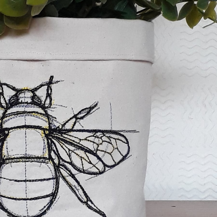 Bumble bee pot, bee embroidered fabric pot