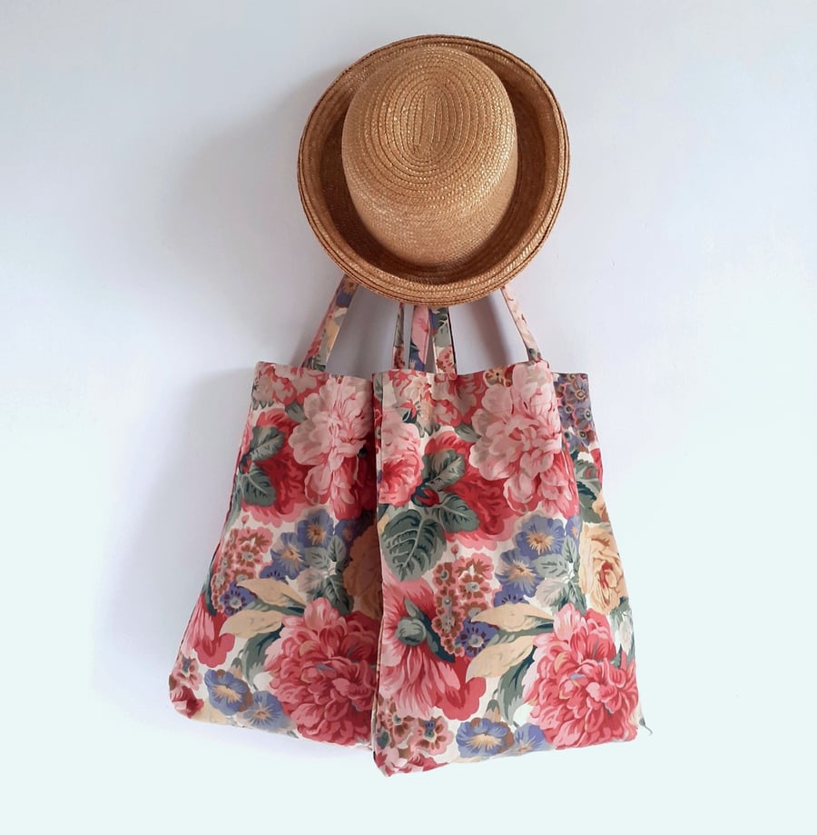 Tote or book bag upcycled in a vintage rose and peony print by Sanderson