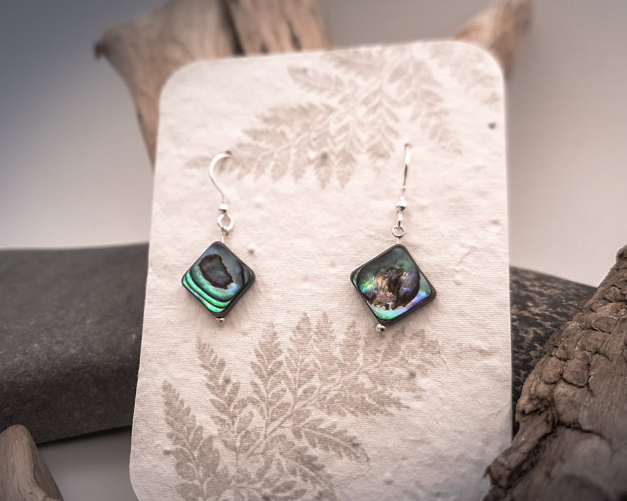 Abalone shell and sterling silver diamond shapped earrings