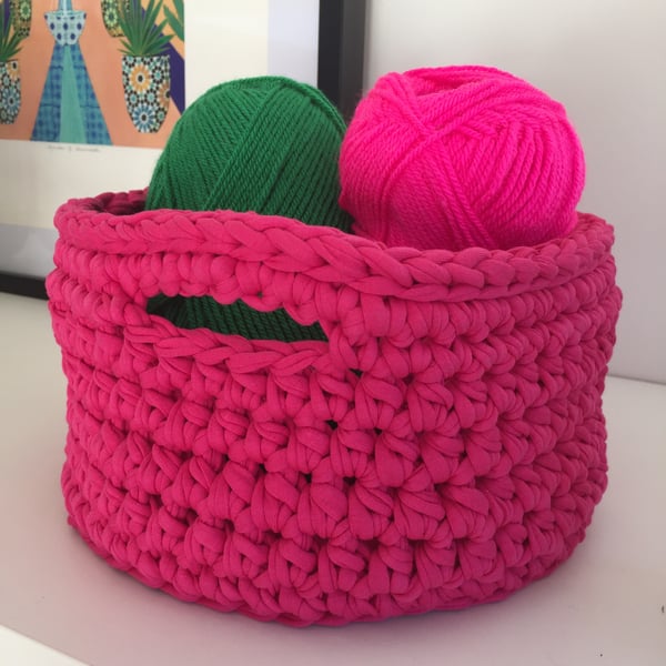 Crochet basket made with upcycled tshirt yarn - bright pink