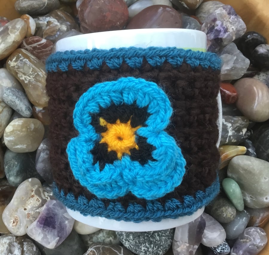 Pretty Floral Blue and Brown Crocheted Mug Cosy! Give your mug a hug!