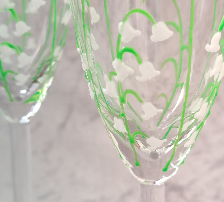 Pair of Hand-painted 'Lily of the Valley' champagne prosecco Glass