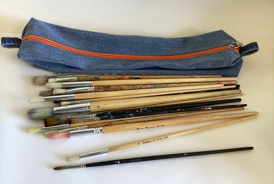  Extra Long Pencil Case, Recycled Denim, Pencils, Paintbrushes, knitting needles