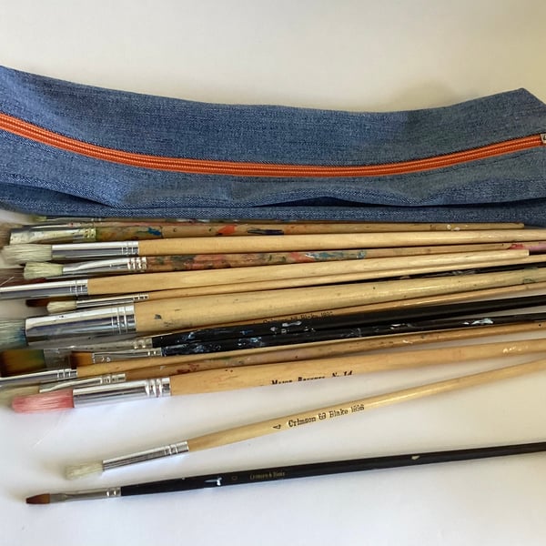  Extra Long Pencil Case, Recycled Denim, Pencils, Paintbrushes, knitting needles