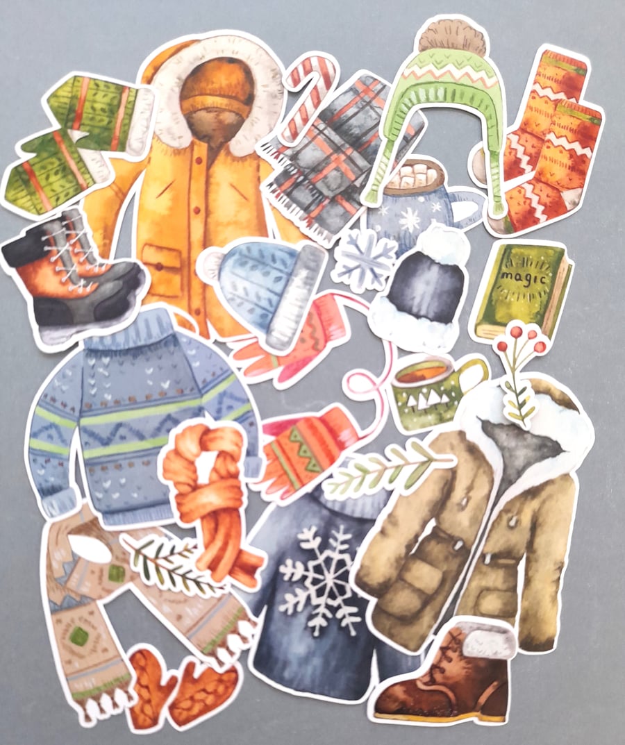 Christmas die cuts of winter clothes, ephemera card topper embellishments