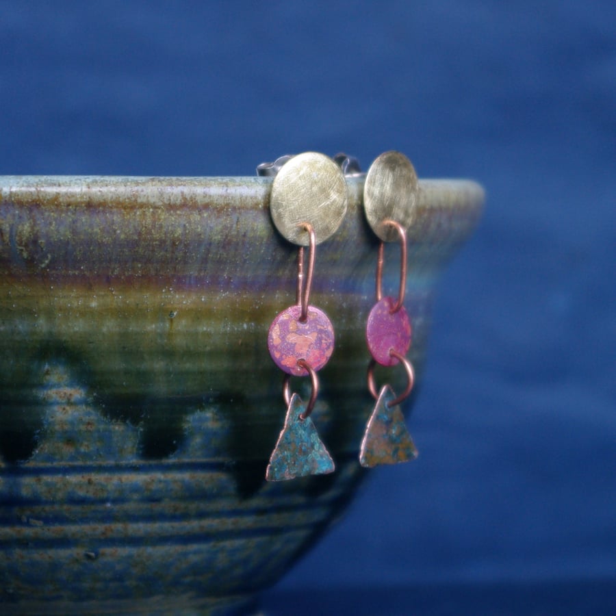 Geometric Brass and Copper  Dangle Stud Earrings