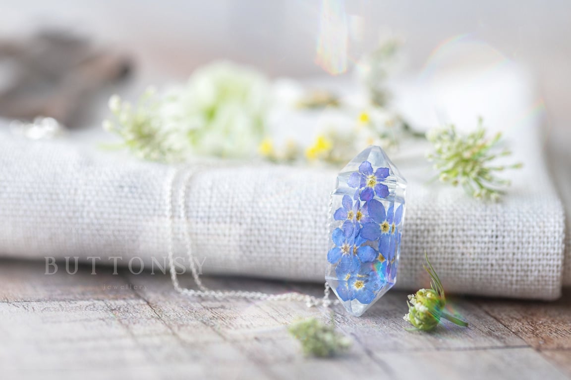 Forget Me Not Necklace "Raw Crystal" Pressed Flower Jewelry Birthday Gifts Somet