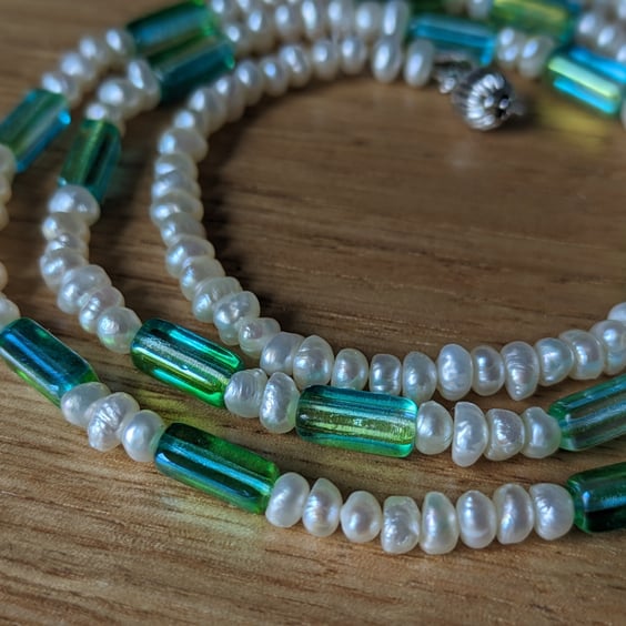 The Green Candy Necklace - cultured freshwater pearl and Czech glass bead 