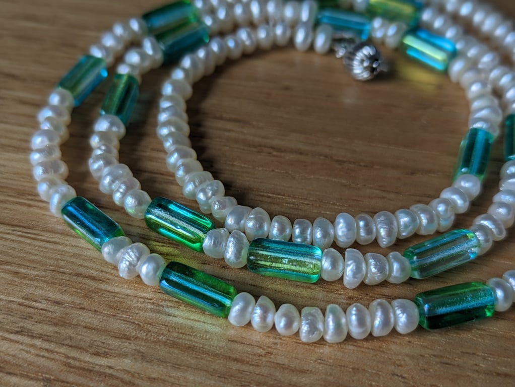 The Green Candy Necklace - cultured freshwater pearl and Czech glass bead 