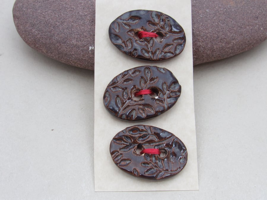 3 Medium Oval Dark Amethyst Leaf Pattern Handmade Ceramic Buttons