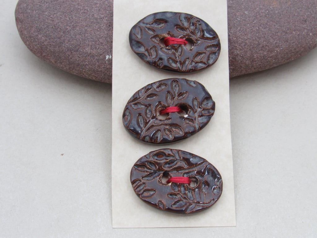 3 Medium Oval Dark Amethyst Leaf Pattern Handmade Ceramic Buttons