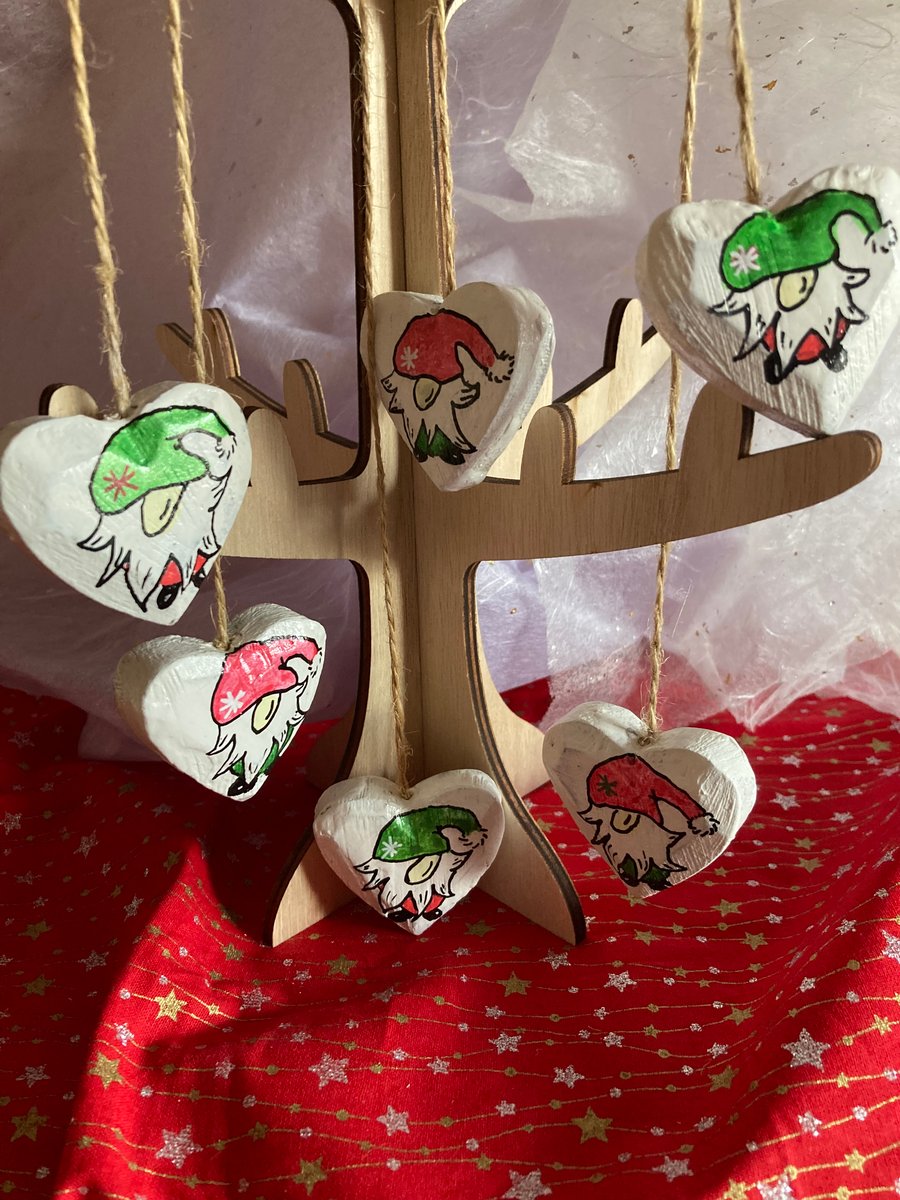 6 upcycled Christmas gnome hand painted hearts