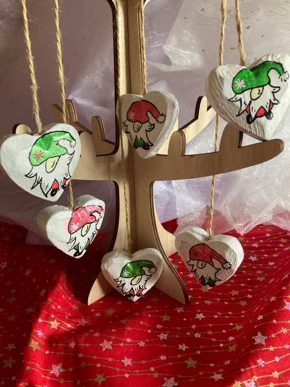 6 upcycled Christmas gnome hand painted hearts