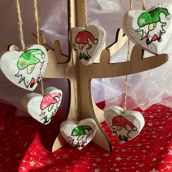 6 upcycled Christmas gnome hand painted hearts