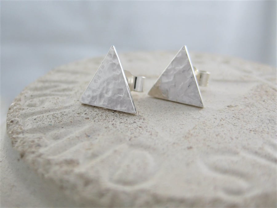 Sterling Silver Triangle Ear Stud Earrings 12mm Hammered-Sparkly Handmade 