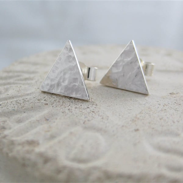 Sterling Silver Triangle Ear Stud Earrings 12mm Hammered-Sparkly Handmade 