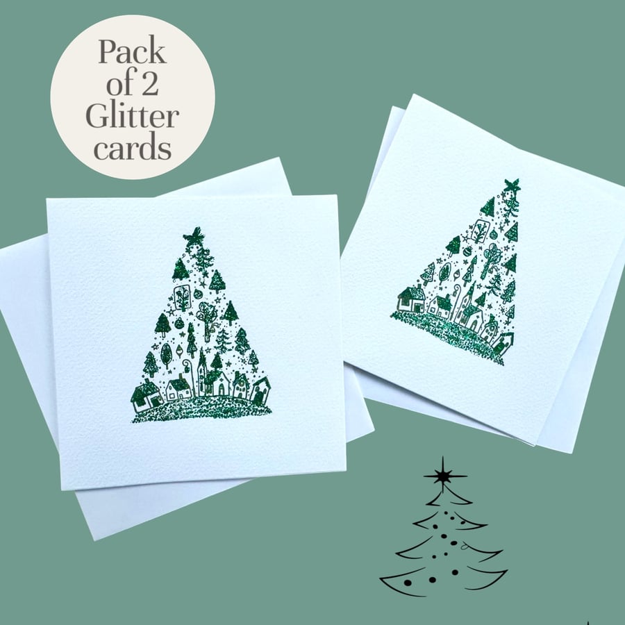  Pack of 2 blank Christmas cards, abstract trees, glittery festive village scene