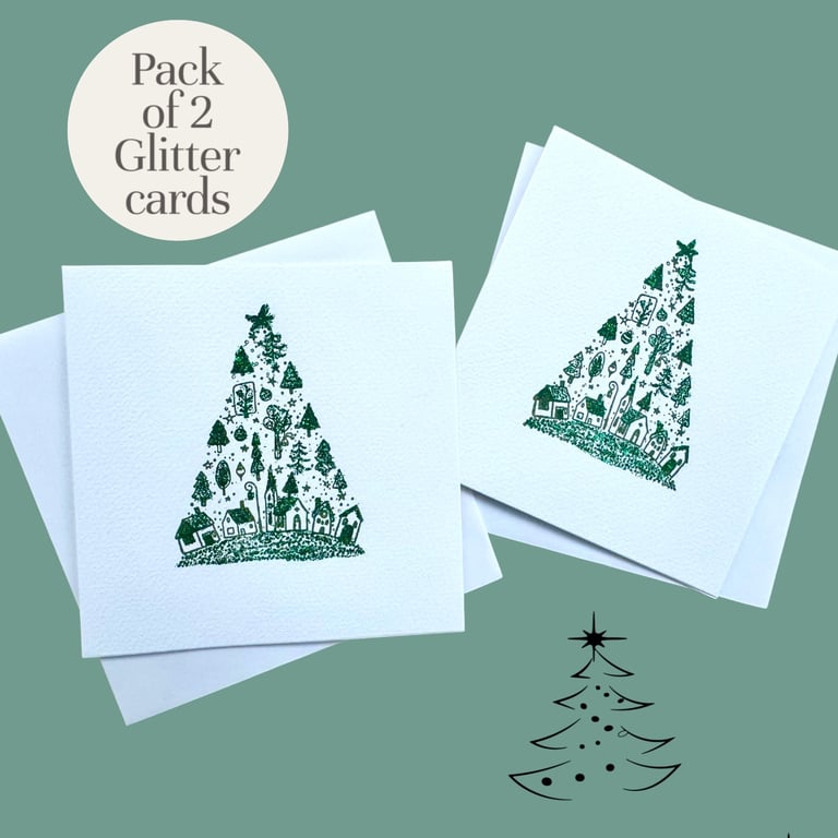  Pack of 2 blank Christmas cards, abstract trees, glittery festive village scene