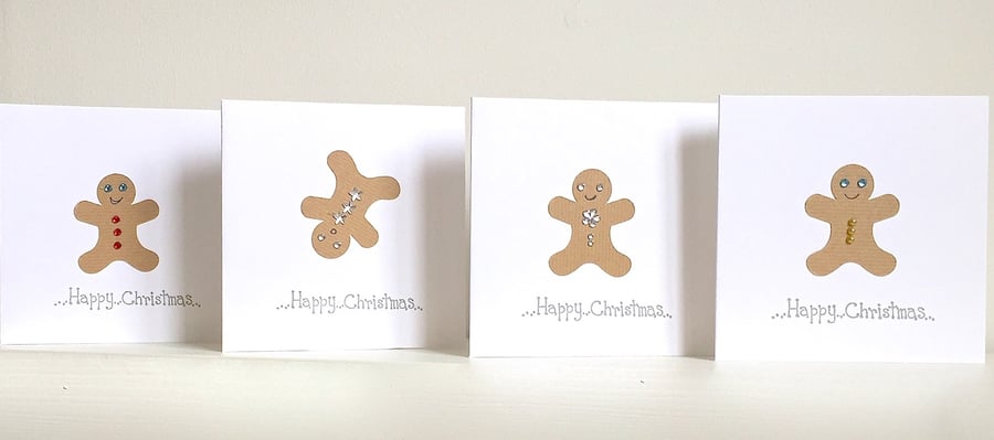 Four Gingerbread man Christmas cards - handmade fun set of cards offer